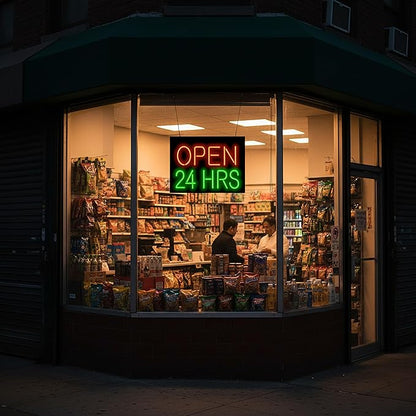 Open 24 Hours Neon Sign - 24" wide x 18" high - Real, Quality Hand Bent Neon - Red & Green Letters