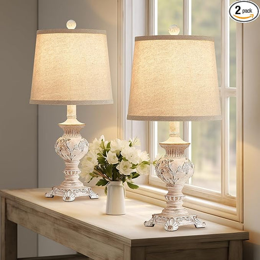 21'' Small Table Lamps for Bedroom Bedside Lamps Set of 2 Farmhouse Nightstand Lamps with Carved Floral Vintage Side Table Lamps for Living Room Kids Office, White, Bulb Not Include