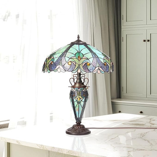 RIVER OF GOODS 24.5" H Halston Double Lit Teal Bowl Shade Stained Glass Table Lamp