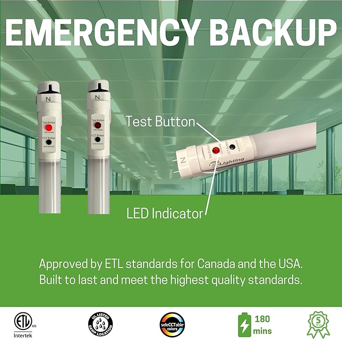 E2 LIGHTING 4ft T8 LED Bulbs, LED Fluorescent Tube Replacement 4ft, T8 LED with Emergency Battery, 5 CCT Tunable 27K-50K, 6W, 120-277V, Ideal for Office and Warehouse-5 Pack