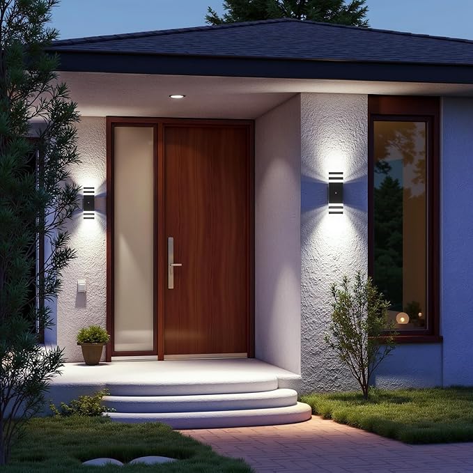 Motion Sensor Outdoor Wall Lights, Cold Light with PIR Body Sensor, Black Aluminum Up & Down Porch Sconce, GU10 LED Bulbs Included, ETL Listed, Dusk to Dawn Garage & Garden Lighting Fixture