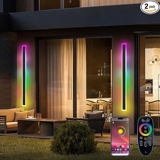 Outdoor RGB Long Wall Lights, 57.5inch 2 Pack RGB/Warm/White Dimmable Modern Led Wall Lighting, Ip65 Waterproof Long Wall Sconce with Remote and APP Control for Outdoor/Indoor