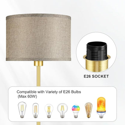 Gold Floor Lamp, Standing Lamp, Rustic Living Room Lamps with with Jute Shade, Foot Pedal Switch, Bright Farmhouse Tall Lamp, Corner Lamp for Bedroom Office (LED Bulbs Included)