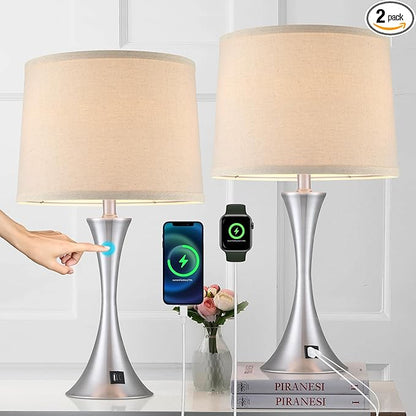 LIT-PaTH Table Lamp for Bedroom Nightstand Set of 2, Bedside Lamps with 3 Way Dimmable Touch Control and USB C+A Charging Ports, Linen Shade Desk Light for Living Room, Nickel (LED Bulb Not Included)