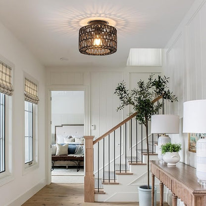 Rattan Ceiling Light, 1 Light Farmhouse Woven Flush Mount Ceiling Light, Boho Light Fixture for Bedroom Living Room Hallway Entryway, Black Finish