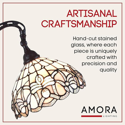 Amora Tiffany Floor Lamp - Arched, Stained Glass 62” - Traditional White Mahogany with Foot Switch Operation and Adjustable Lamp Shade - Custom Handcrafted Floor Lamps for Living Room