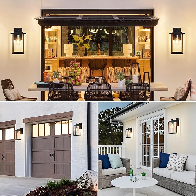 Outdoor Wall Sconce, Large Exterior Wall Lighting, LED Outdoor Porch Wall Light Fixtures with Clear Glass for Outside, Garge, Patio, Wood Grain Finish & Matte Black Finish