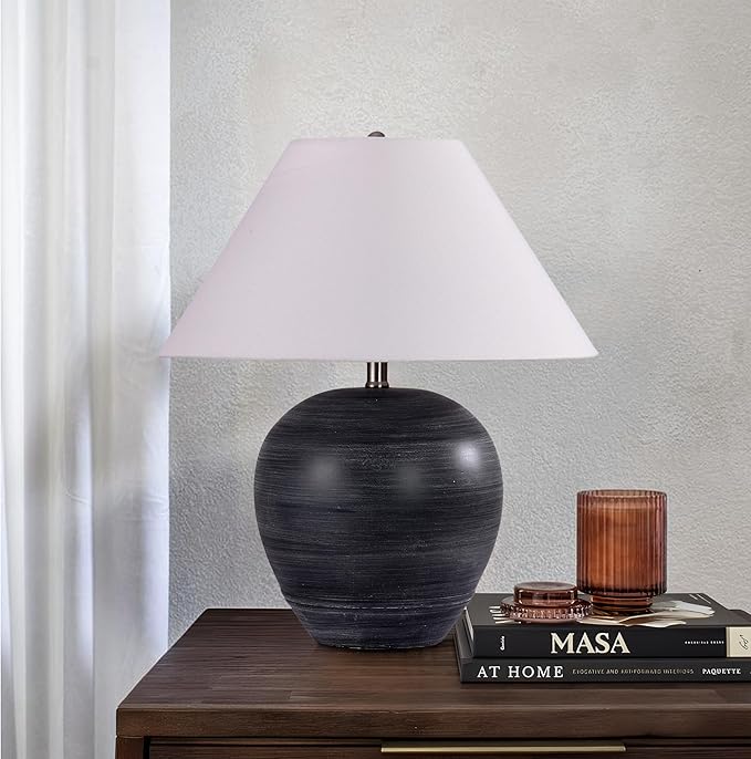 Farmhouse Ceramic Table Lamp, 21" Rustic Table Lamp with Linen Shade, 3-Way Dimmable Bedside Nightstand Lamps for Bedroom, Living Room, E26 Socket, Black with White Striped