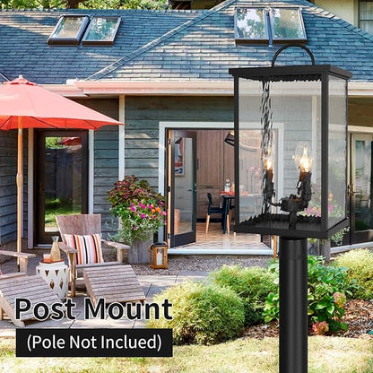 23" Large Outdoor Post Light Fixture, Modern Black Pole Lantern with Water Ripple Glass, Farmhouse Post Cap Lamp with E12 Sockets for Garden, Pathway, Courtyard, Porch, Driveway, Street