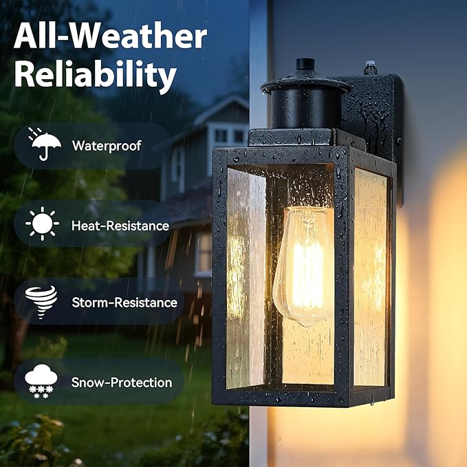 BesLowe 2-Pack Dusk to Dawn Outdoor Wall Lights, Modern Porch Lights Outdoor Sconces with Seeded Glass, Matte Black Exterior Lighting Fixtures Wall Mount, Outside Lights for House Front Door Garage