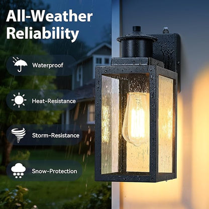 BesLowe 2-Pack Dusk to Dawn Outdoor Wall Lights, Modern Porch Lights Outdoor Sconces with Seeded Glass, Matte Black Exterior Lighting Fixtures Wall Mount, Outside Lights for House Front Door Garage
