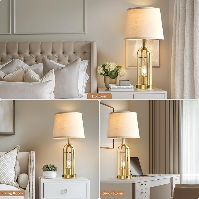 Gold Table Lamps for Living Room Set of 2 - Modern Farmhouse Bedside Lamps for Bedroom Night Stands with Nightlight and USB A+C, Industrial Lamp for Living Room End Tables