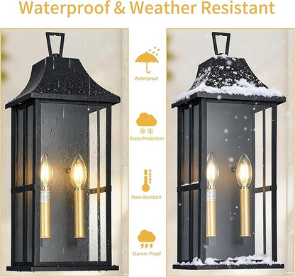 Outdoor Wall Sconce, 20.3" 2-Light in Black with Gold Rectangular Metal Frame and Clear Glass Shade Waterproof Porch Light Patio Light,Bulbs Not Included