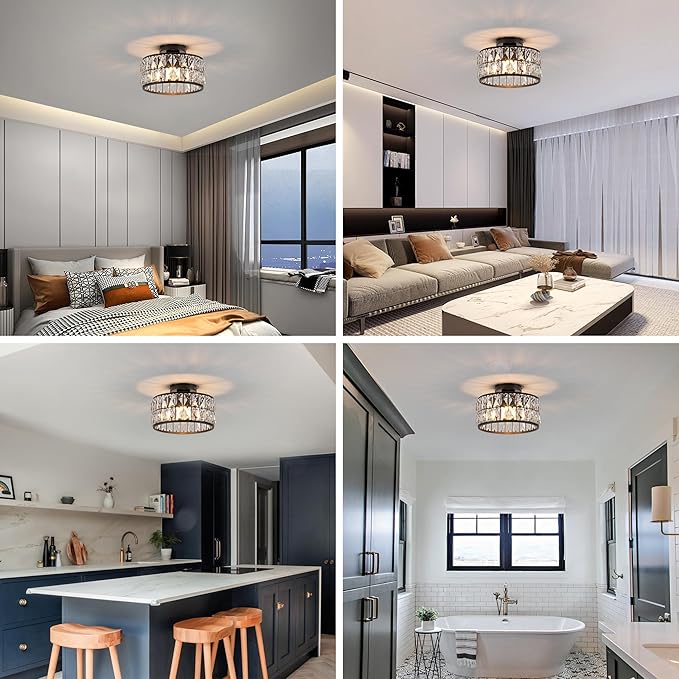 Crystal Ceiling Light, Modern Flush Mount Ceiling Light, Black Crystal Chandelier for Kitchen Bedroom Bathroom Entryway Hallway, 1 Light