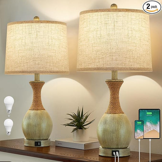 Bedside Table Lamp Set of 2 - Bedroom Table Lamps with Adjustable Color Temperatures - Boho Rattan Lamps with USB A+C Charging Ports Grey Farmhouse Living Room Lamps for Reading Bulbs Included