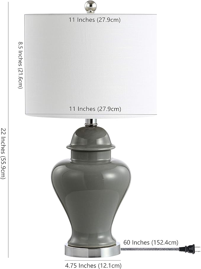 JONATHAN Y JYL6602B-SET2 22" Gray Classic Ceramic Table Lamp Set of 2 for Living Room, Traditional Ginger Jar Bedside Lamps for Bedroom Nightstand with White Linen Shade, LED Bulbs Included
