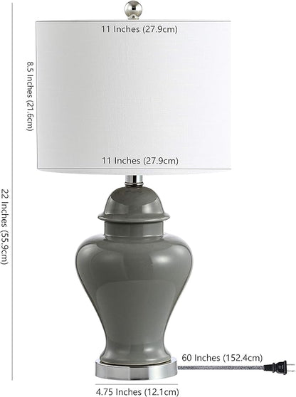 JONATHAN Y JYL6602B-SET2 22" Gray Classic Ceramic Table Lamp Set of 2 for Living Room, Traditional Ginger Jar Bedside Lamps for Bedroom Nightstand with White Linen Shade, LED Bulbs Included