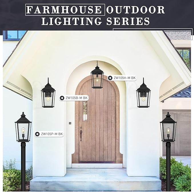 zeyu 22 Inch Outdoor Lights for House, 1-Light Outdoor Wall Sconce for House Porch, Die-Cast Aluminum with Seeded Glass, Black Finish, ZW105B-M BK