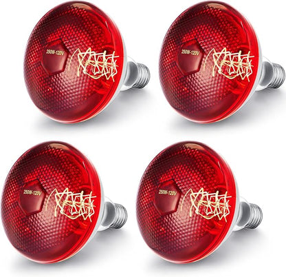 VIHOSE 4 Pack Infrared Heat Lamp for Chickens 250watt 120v Thickened Red Heat Lamp Bulbs for Food Service, Reptile, Pet, Bathroom, Light Therapy Use E26 Base