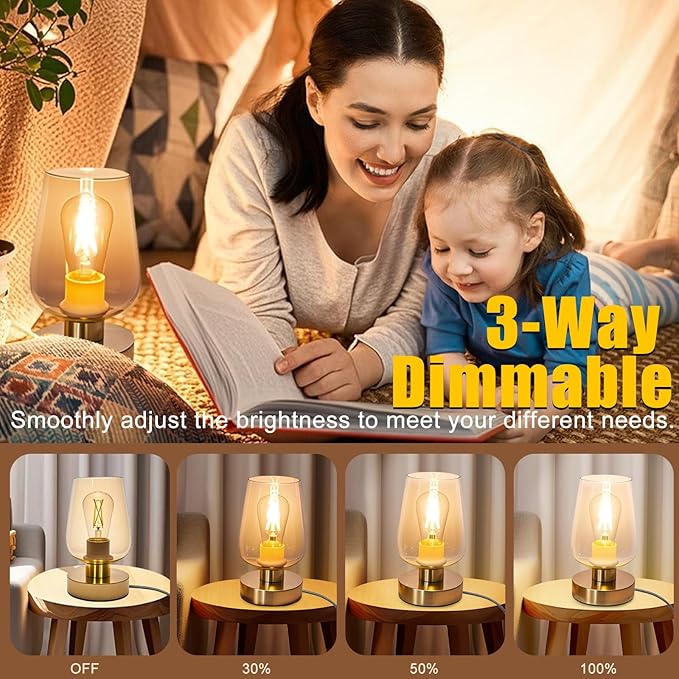 Touch Bedside Table Lamp with Glass Shade, Gold Modern Small Lamp for Bedroom Living Room Nightstand, 3 Way Dimmable Desk Lamp with USB C+A+AC Outlet Charging Ports, 800LM LED Bulb Included