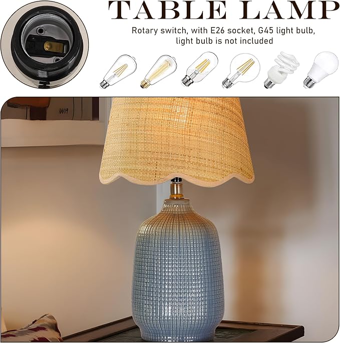 19" Boho Ceramic Table Lamp, Handmade Ceramic Base with Rattan Shade, Farmhouse Plug-in Bedside Nightstand Lamps for Bedroom, Living Room, E26 Socket, Navy Blue