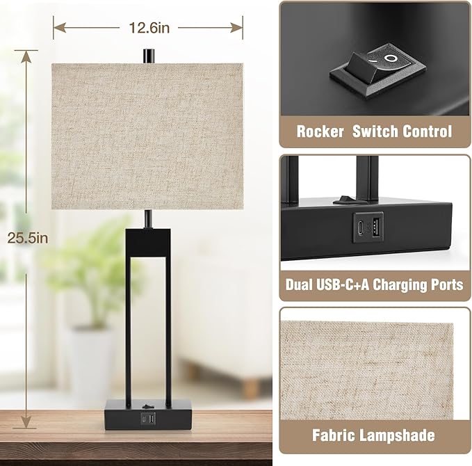 25.5’’ Nightstand Table Lamps for Bedrooms Set of 2, Bedside Lamp with USB C+A, Colors Changeable Living Room Lamps for End Tables, Modern Night Stand Lamps for Bed Side Guest Room Office Reading