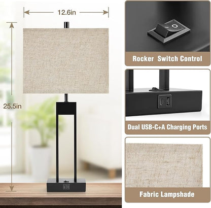 25.5’’ Nightstand Table Lamps for Bedrooms Set of 2, Bedside Lamp with USB C+A, Colors Changeable Living Room Lamps for End Tables, Modern Night Stand Lamps for Bed Side Guest Room Office Reading