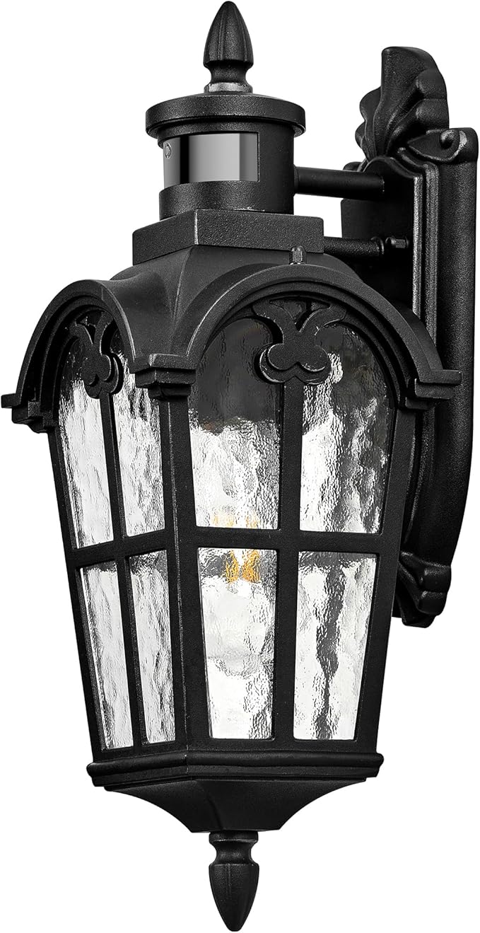 VIANIS Porch Lights Outdoor Motion Sensor, Black Dusk to Dawn Outdoor Garage Lighting Fixtures, Aluminum Waterproof Outside Sconce Lights with Ripple Glass, Coach Light Wall Mount for House Doorway