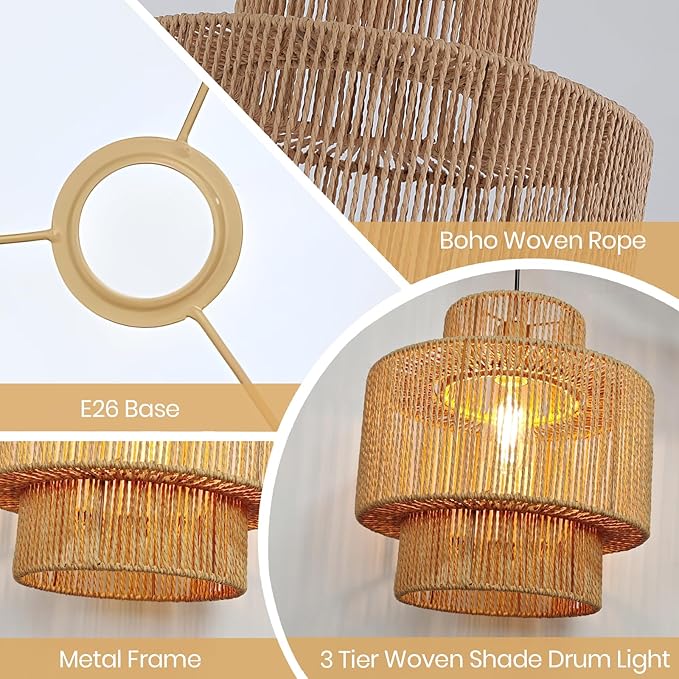 Boho Rattan Lamp Shades for Pendant Light Chandelier Floor Lamps Replacement,Rustic 3-Tier Drum Lamp Shade with Hand-Woven Rattan for Living Room Kitchen Dining Room Office Hotel.