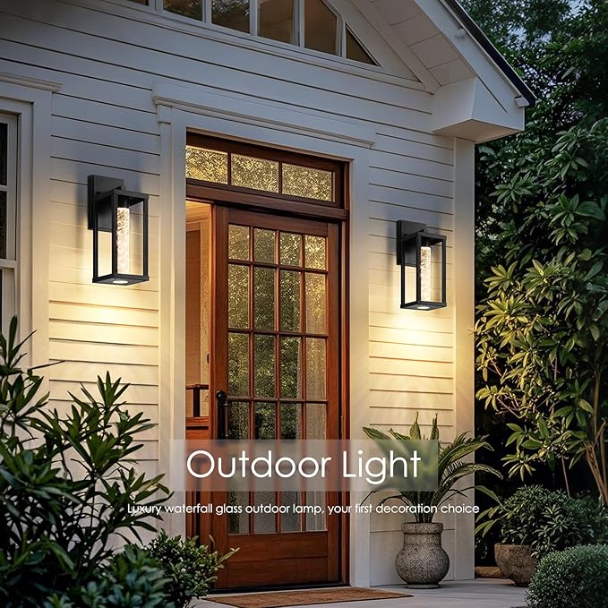 Brightever 2-Pack Outdoor Wall Lights Fixture, Exterior Waterproof 10W Matte Black Outdoor Wall Lanterns Sconces with Crystal Bubble Glass, Modern LED Outside Lights for House, Porch, Garage, Patio