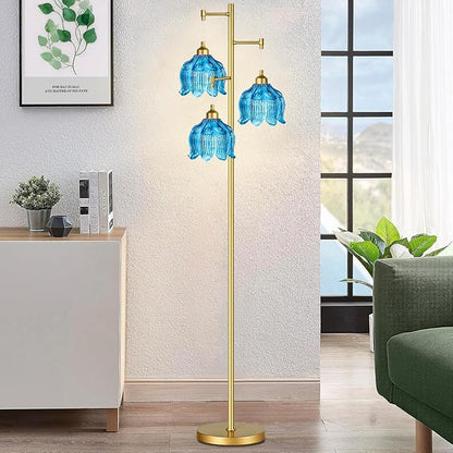 Glass Floor Lamp for Living Room,Bedroom,Gold Mid Century Modern Standing Lamp Brass Tree 3 Light Tall Floor Lamps Vintage Retro Floor Lights Flower Lamp Shade Farmhouse Boho Bohemian