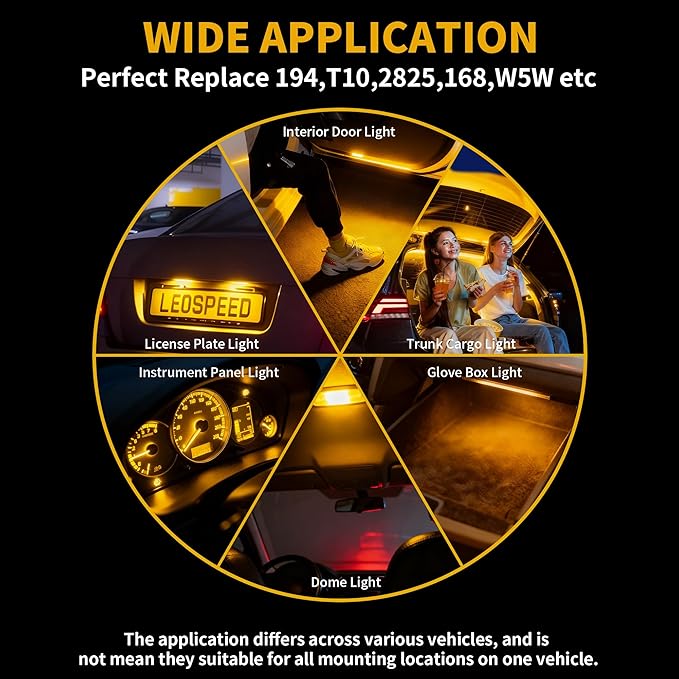 Yorkim 194 LED Bulb 6300K Amber Yellow, 168 2825 W5W T10 LED Light Bulb Error Free for License Plate, Dome, Map, Courtesy, Side Marker Lights, Pack of 2