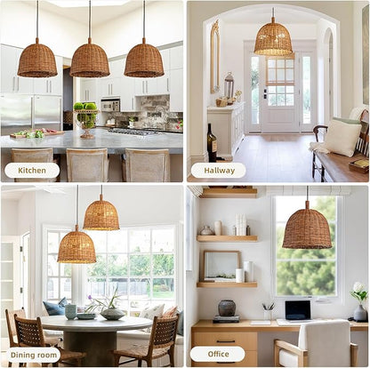 3-Light Dark Curry Rattan Pendant Light,13.77" Rustic Hanging Light,Brown Wicker Pendant Light Hand-Woven Rattan Chandelier for Workplace Dining Living Bedroom Kitchen Farmhouse