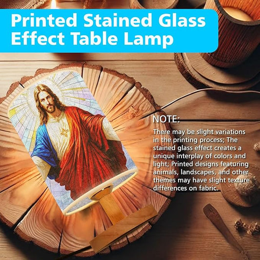 Jesus Blessing Table Lamp LED 3-Color Pressed Bedside, Jesus Blessing Shade Lamp with Wood Base for Bedroom Living Room Desk Office TL01