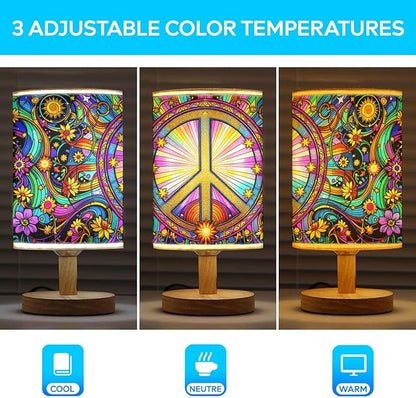 Hippie Table Lamp LED 3-Color Pressed Bedside, Hippie Shade Lamp with Wood Base for Bedroom Living Room Desk Office TL01