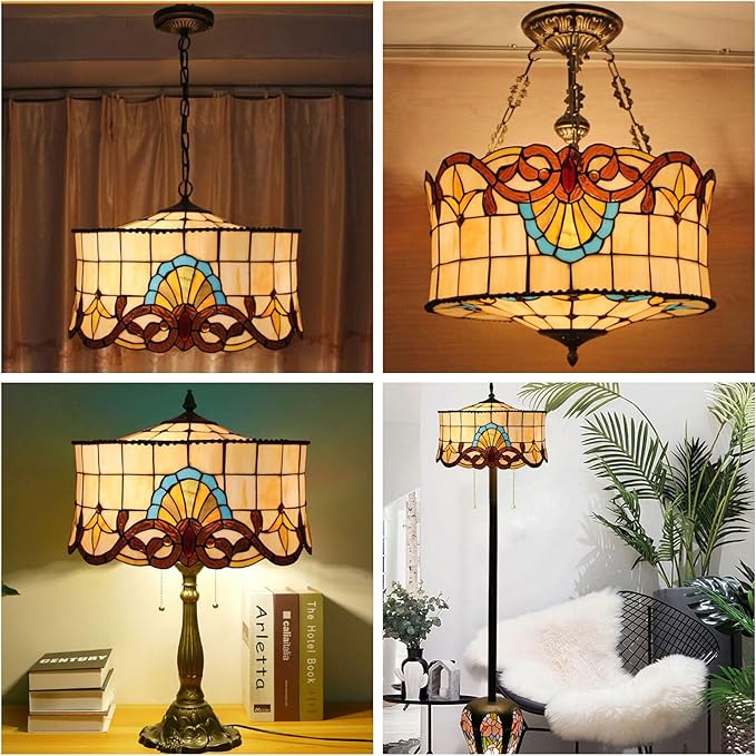 18 Inch Lamp Shade Replacement, Only Tiffany Style Stained Glass Lamp Chimney Straw Hat Floral Design, Baroque Rose Sunflower Orange Green Beige Fit for Table Lamp Pendant Light Floor Lamp,B