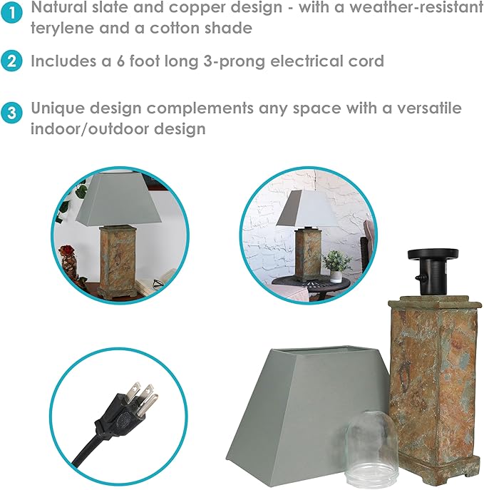 Sunnydaze 24" Outdoor Table Lamp - Weather-Resistant Natural Slate Light for Indoor or Outdoor Use - Gray Cotton Lampshade - Stone