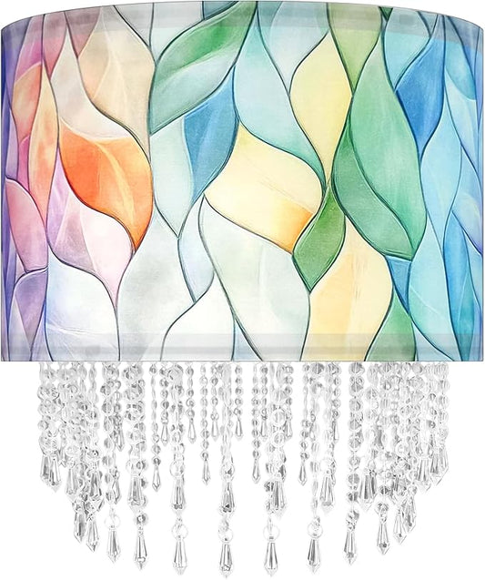 Colorful Macaron Lamp Shade with Acrylic Bead Droplets, Elegent Whimsical Fabric Light Shade for Pendant Table & Floor Lamp, Art Decor for Bedroom or Eentryway, 15.7in