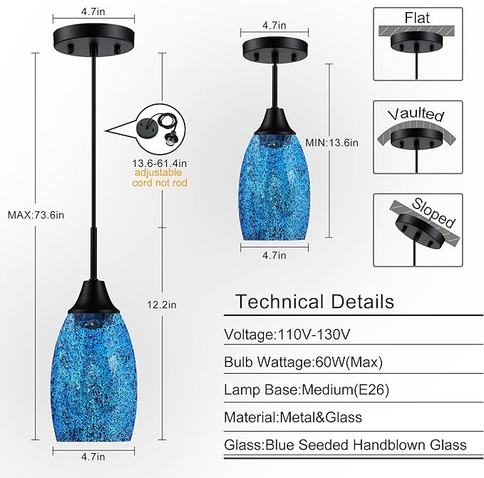 Mini Glass Pendant Light 1-Pack Handblown Clear Dark Blue Seeded Glass Shade Adjustable Cord Ceiling Light Fixture for Kitchen Island Sink 4.72"