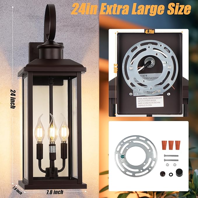 24" Outdoor Lighting Fixture- Bronze 3-Light Exterior Lighting Fixture Waterproof Modern Porch Sconce, Outside Lantern for House Garage Patio E12 Base