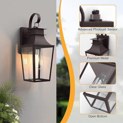 Outdoor Wall Lantern, 𝟏𝟔 𝐈𝐍𝐂𝐇 Dusk to Dawn Outside Light Wall Sconce with E26 Sockets & Clear Glass Shades, Oil Rubbed Bronze Waterproof Outdoor Lights for House Front Door Porch
