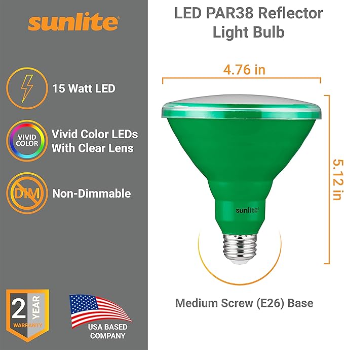 Sunlite 81478 LED PAR38 Colored Recessed Light Bulb, 15 watt (75W Equivalent), Medium (E26) Base, Floodlight, ETL Listed, Green, 1 Pack