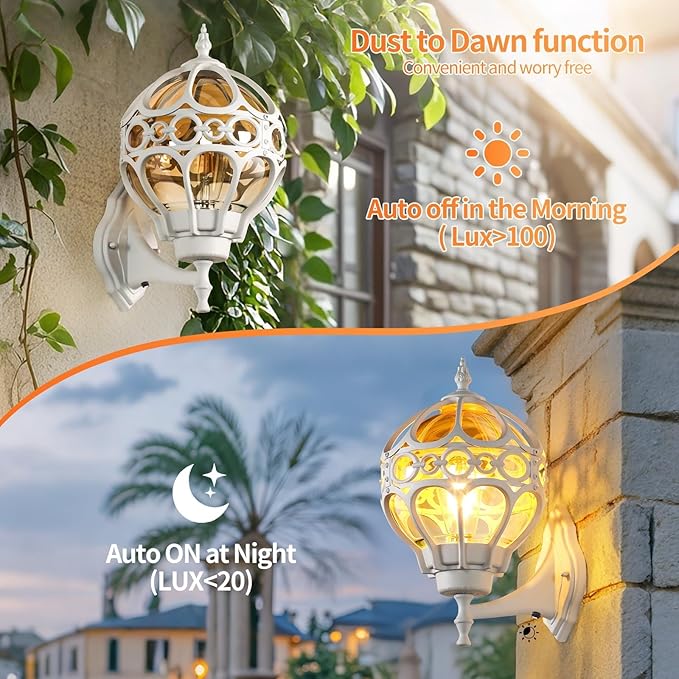 Sphere Outdoor Wall Light Fixtures, Anti-Rust Patio Wall Lights, Waterproof Exterior Lighting Fixtures (White-Dusk to Dawn, General 7''-1PACK)