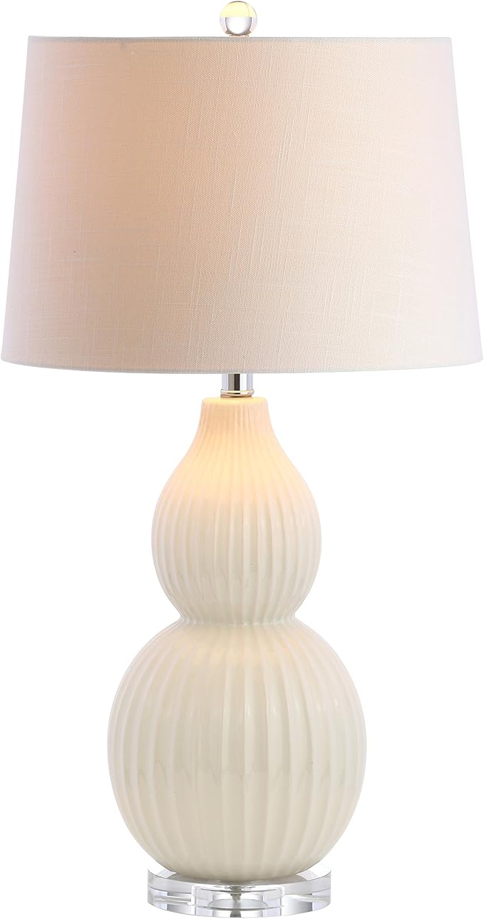 JONATHAN Y JYL8019A 28.25" Cream Contemporary Ceramic Gourd Table Lamp for Living Room, Bedroom, Transitional Bedside Nightstand Lamp with White Linen Drum Shade and Crystal Base, LED Bulb Included