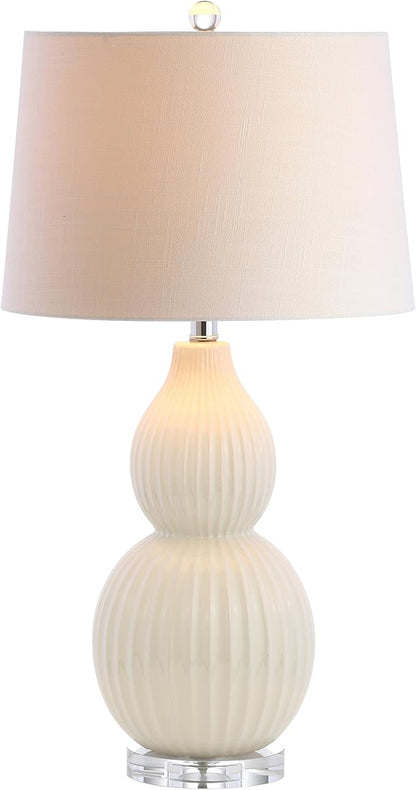 JONATHAN Y JYL8019A 28.25" Cream Contemporary Ceramic Gourd Table Lamp for Living Room, Bedroom, Transitional Bedside Nightstand Lamp with White Linen Drum Shade and Crystal Base, LED Bulb Included