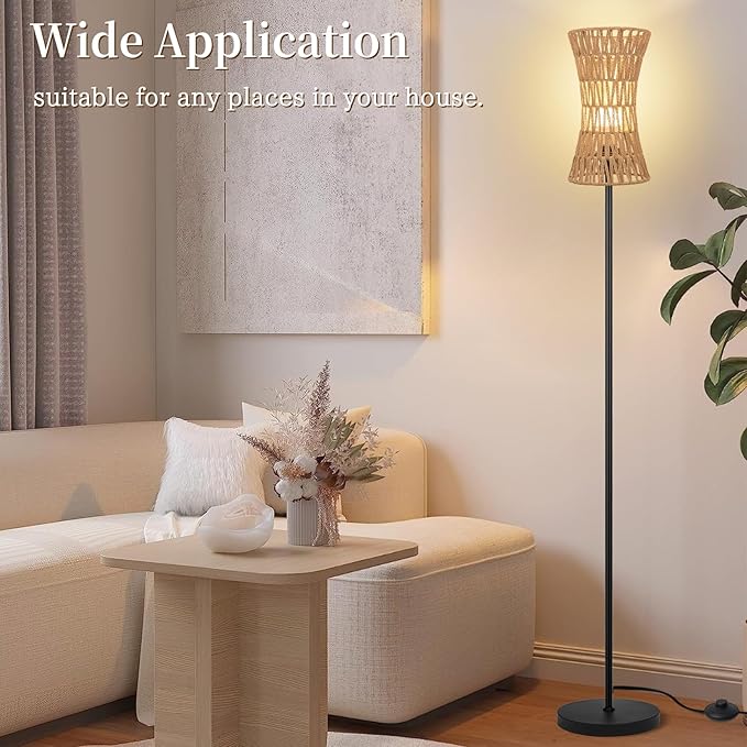 Floor Lamp for Living Room,Farmhouse Floor lamp,Modern Standing lamp with Hand-Worked Rattan Shade (Slim Waist Rattan Shade-3 Color Bulb)