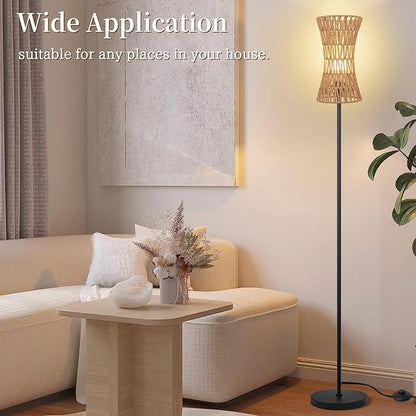 Floor Lamp for Living Room,Farmhouse Floor lamp,Modern Standing lamp with Hand-Worked Rattan Shade (Slim Waist Rattan Shade-3 Color Bulb)