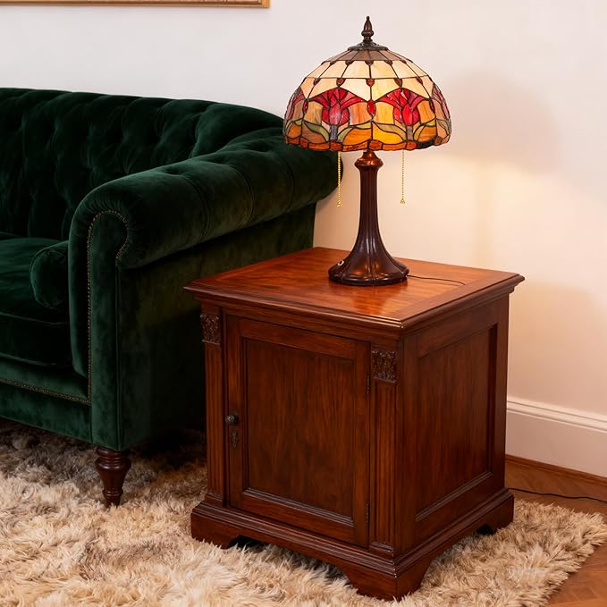 Vintage Table Lamp Stained Glass Lamp Tulip Flower Shades Bedroom Plug in Table Lamp Reading Desk Light for Bedside Living Room Office Dormitory Dining Room Decorate Gift