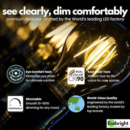 EcoBright 4PK Dimmable A19 LED Filament Bulb 40W Equivalent 5W E26 Base 450 Lumens CRI90 Flicker Free Clear Glass Energy Star Title 20 Warm White 2700K for Lamps Indoor Use