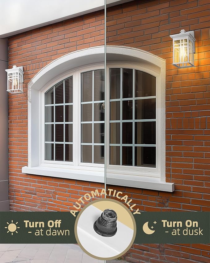 Dusk to Dawn Sensor Outdoor Wall Sconce - HWH Exterior Wall Lantern Light Fixture for Porch, Garage, Doorway, Garden, Glossy White Finish, 5HD27B-PC WH